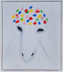Painting of a lamb by Menashe Kadishman the Israeli artist 2010
